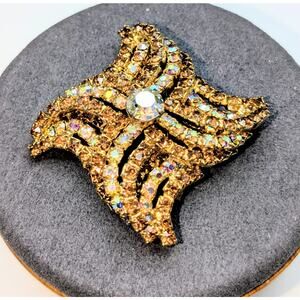 VTG 60s Kramer Gold Tone Vortex Wave Style Topaz & AB Rhinestone Pin Brooch